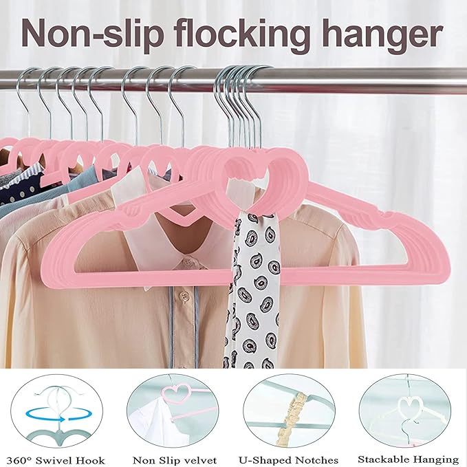 Velvet Hangers 20 Pack, 16" Non Slip Adult Hangers, 360 Degree Swivel-Hook, Ultra Slim Clothes Felt Hanger Space Saving, Durable & Cute for Coats, Jacket, Shirts, Dress (Velvet, Heart)