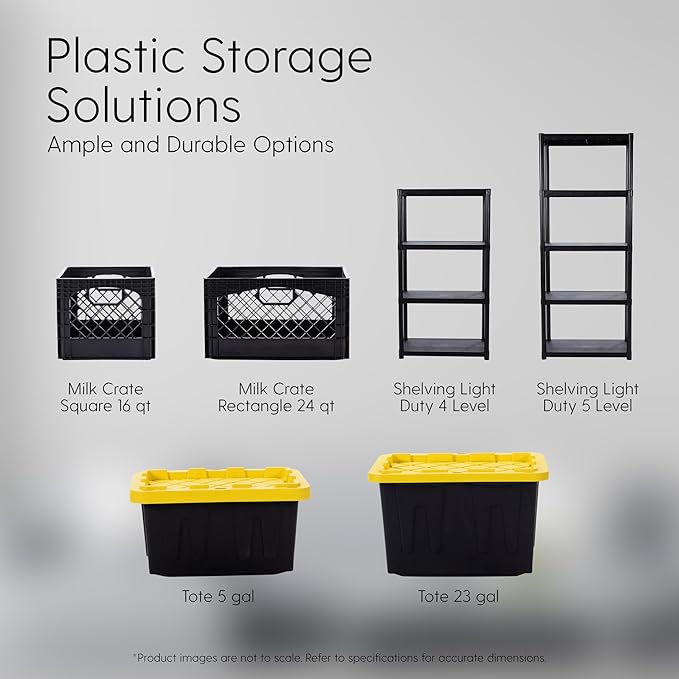 Plastic Milk Crate Storage Tote with Handles, 16-Quart Stackable Cube Organizer for Garage, Home, and Office, Made in the USA, 13" x 13" x 11" (2-Pack) - Black