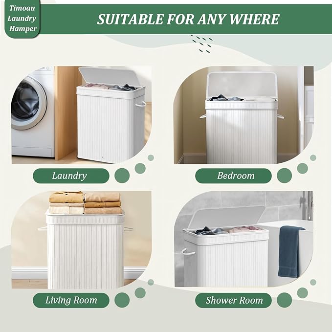 72L Laundry Hamper with Lid, Bamboo Laundry Basket with Removable Liner Bag, Foldable Clothes Hamper with Handles for Bedroom, Bathroom, Closet, Coffee