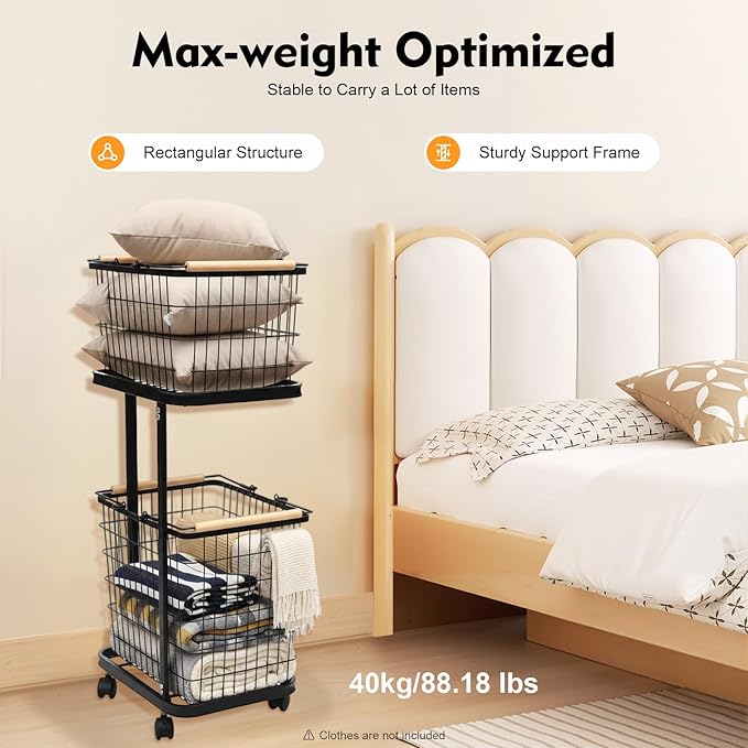 Laundry Basket, 2 Tiers Removable Laundry Baskets Cart Load Bearing Capacity of 88.18 lbs Metal Laundry Basket With 2 Removable Baskets and 4 Universal Wheels for Kitchens Bathrooms Bedrooms (Black)