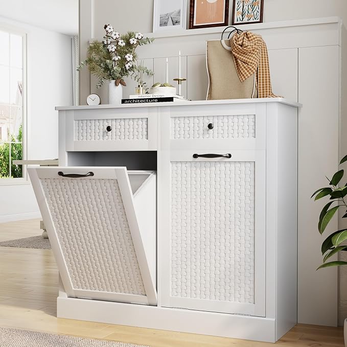 Double Tilt Out Laundry Hamper Cabinet, Rattan-Style Laundry Room Organization with Removable Laundry Basket, Hidden Wood Dirty Clothes Hamper with Drawers, 39" L x 13" W x 35.8" H, White