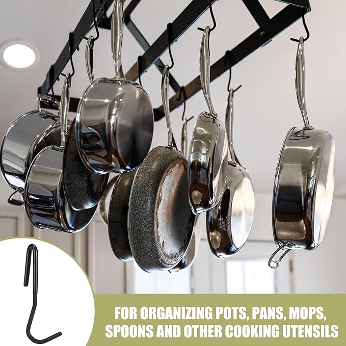 12 Pcs Pot Rack Hooks 5 Inch Black Metal S Hooks for Pots and Pans 90 Degree Twist Angled Hangers for Hanging Kitchen Utensils Towels, Plants