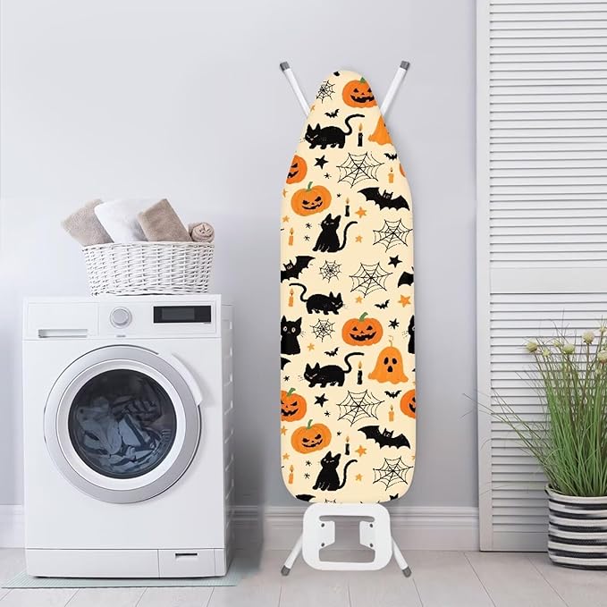 Ironing Board Cover Halloween Black Cat Pumpkin Thick Table Top Ironing Board Cover with Hook and Loop Soft Extra Wide Ironing Pad 54x15 inches