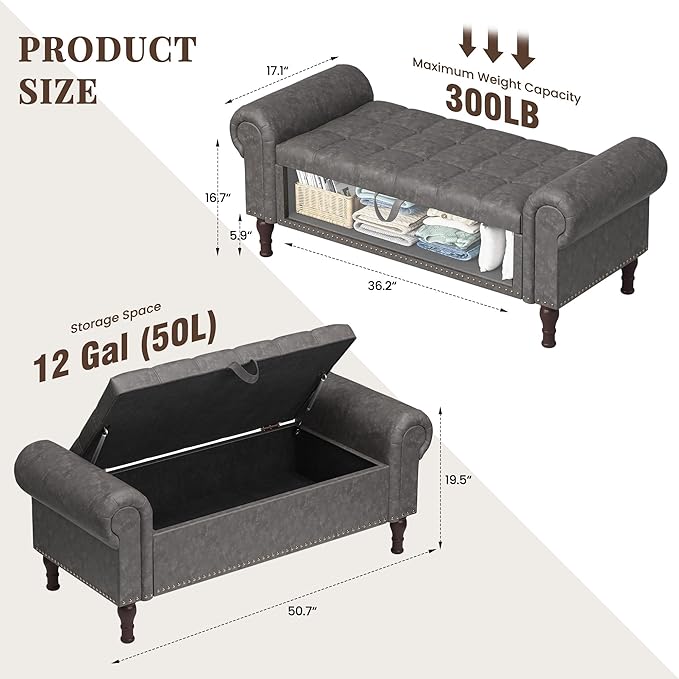 YOUDENOVA Storage Ottoman Bench, 51" Large Ottoman Foot Rest with Rolled Arms, Upholstered Storage Chest with Vintage Rivets for Living Room, Bedroom, Entryway, Gray