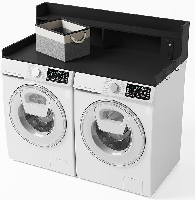 Upgraded 2-Tier Washer and Dryer Countertop with Power Outlet,54" W x 27.6" D Large Laundry Countertop for Fold Clothes, Laundry Topper with Non-Slip Pads & Metal Hooks and Storage Basket