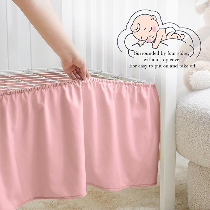 Horbaunal 2 Pack Set Crib Skirt & Crib Bed Sheet, Pink Crib Bed Skirt 28" x 52" with 14" Drop Dust Ruffle, Soft Microfiber Toddler Bedskirt Nursery Bedding Skirt for Baby Girls and Boys