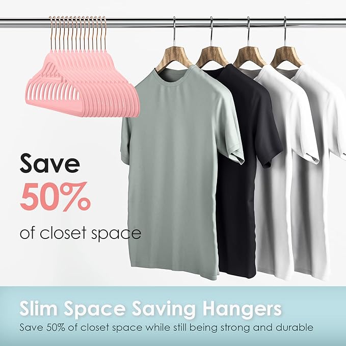 Velvet Hangers Non Slip Felt Hangers, 50 Pack Pink Velvet Clothes Hangers Space Saving Slim with 360 Degree Swivel Hook for Suits Coats, Jackets, Pants, and Dress Clothes