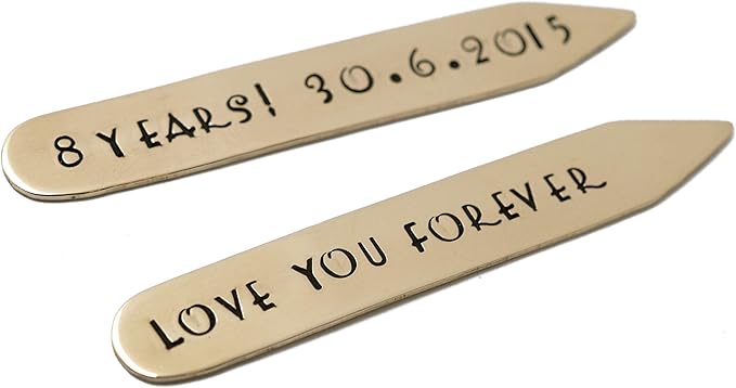 Custom Bronze Collar Stays For Men, Personalized 8th Anniversary Dress Shirt Stiffeners Father's Day Gift for Husband - Engraved Metal 2.25 Inches