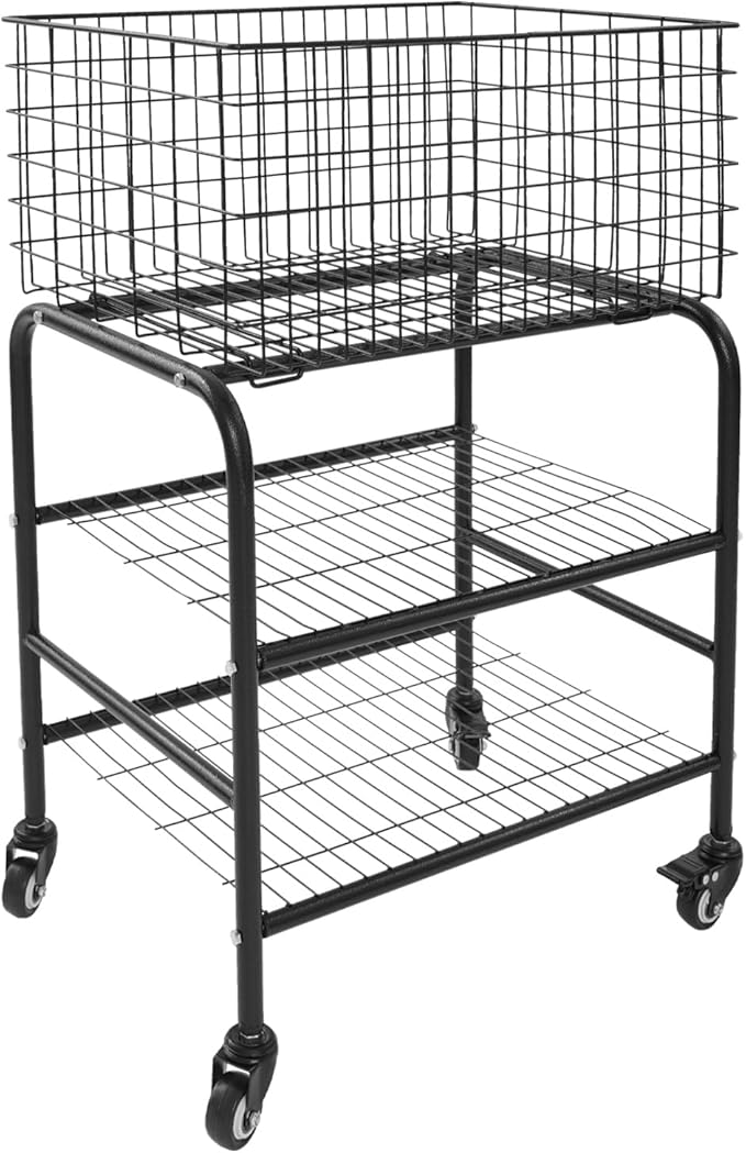 Wire Rolling Laundry Baskets with Wheels, 3 Tier Garment Storage Cart, Commercial Wire Laundry Cart, 66lbs Load Capacity, Garment Metal Rack for Clothes Wash and Dry Sort (Black)