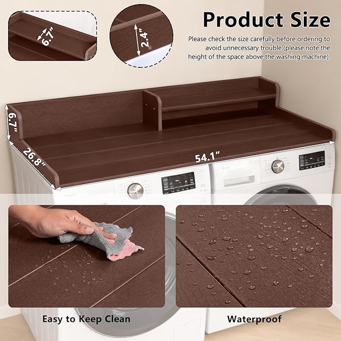 Washer Dryer Countertop, HDPE Laundry Countertop with Storage Shelf and Edge Rails-Brown