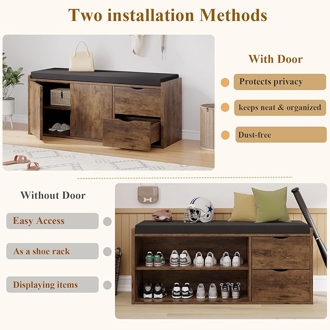 LVB Entryway Shoe Bench, Rustic Storage Bench with Cushioned Seating, Long Hidden Shoe Organizer Bench with 2 Drawers, Industrial Wooden Shoe Benchs in Hallway Living Room Bedroom, Rustic Brown, 40in