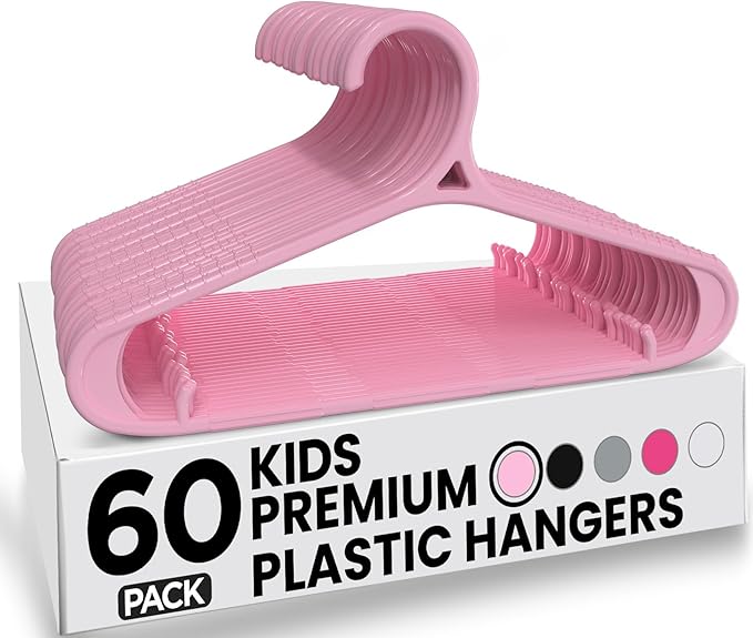 Utopia Home Kids Hangers 60 Pack - 11 Inch Plastic Baby Hangers for Closet - Childrens Hanger for Clothes & Infant Hanger for Closet - Non-Slip Shoulder Grooves, Strap Hooks & Pants Bar (Baby Pink)