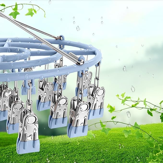 Drying Rack for Sock, Stainless Steel Sock Drying Rack with 24 Clips, Swivel Hook Windproof Hanger for Sock, Bras, Towel, Underwear, Laundry, Hat, Scarf, Pants, Gloves (Blue)