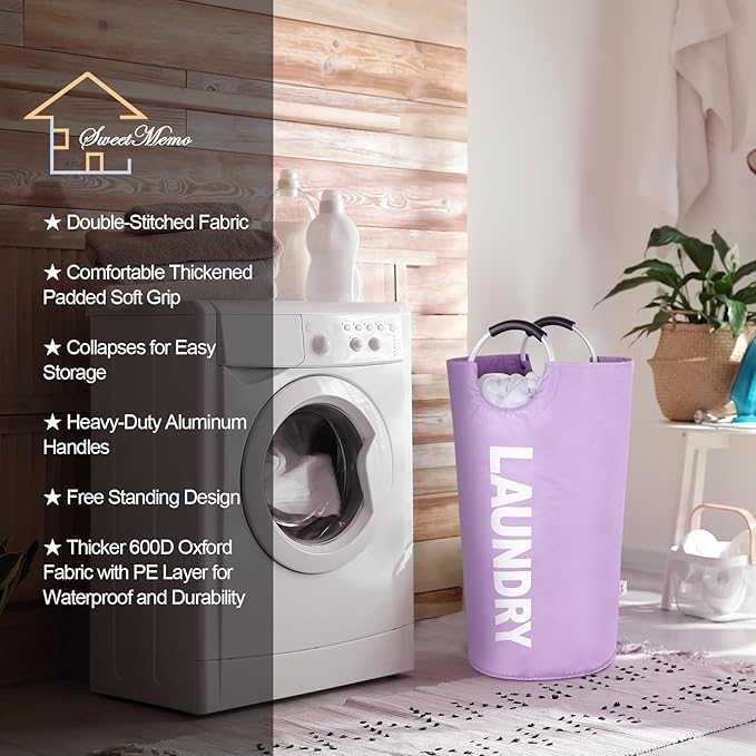 Laundry Basket Large Collapsible Clothes Hamper Bag with Handles – Foldable Freestanding Laundry Sorter for Dirty Clothes in College Dorm, Apartment, or Laundry Room – 95L (Purple)