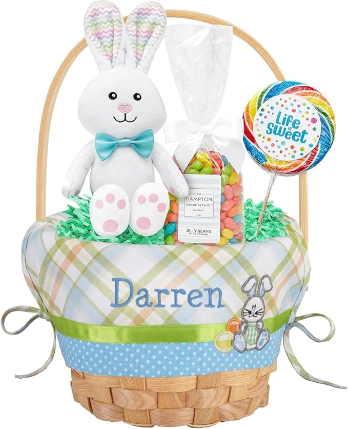 Let's Make Memories Personalized Easter Basket for Kids - For Boys - For Girls - Embroidered Name - Create Your Own - Fillable - Wicker - Easter Basket Stuffers - Small - Blue Bunny Applique