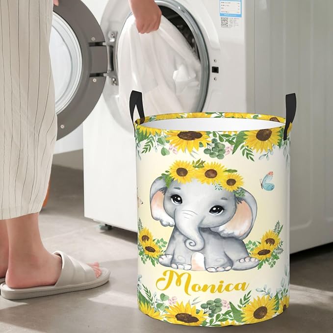 Personalized Elephant Laundry Basket For Baby Kids Boys Girls Adult Custom Hamper Basket With Name For Bathroom Bedrooms Collapsible Baby Laundry Basket, Dirty Clothes Hamper With Handles
