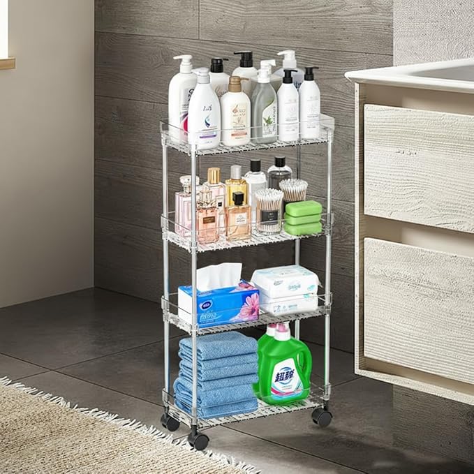 4 Tier Slim Storage Cart with Wheels Slim Rolling Utility Cart Mobile Shelving Units Organizer for Narrow Space in Home Kitchen Bathroom Laundry Room Transparent (Width 6.3 Inches)