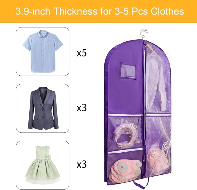 Dance Costume Bag, Garment Bags 40 Inch for Dance Competitions, Garment Bags for Travel, Portable Foldable Dust-Proof Storage Bags for Coats, 5 Clear Zipper Pockets,suitable to Gowns, Dresses(Purple)