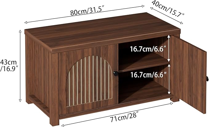 Fluted Storage Bench with Storage, Small Entryway Shoe Bench, Bedroom Storage Bench, Wood Shoe Organizer, Mid Century Modern Cabinet with 2 Doors, Adjustable Shelf, Hallway, Living Room, Walnut