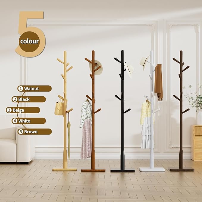 Solid Wood Square Base Coat Rack, Free Standing Hall Coat Tree with 8 Hooks（+2 spare) for Coats, Hats, Bags, Purses, for Entryway, Hallway, Rubberwood Hooks,Base and Pole,(Square Base, Dark Walnut)