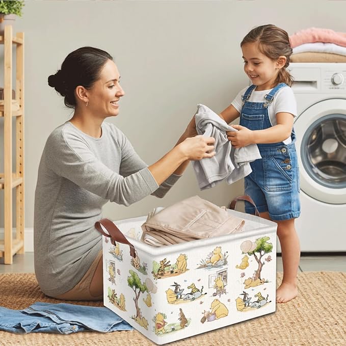 Greatingreat Winnie Baby Laundry Basket, Foldable Small Hamper with Canvas & PE Coating, Collapsible Portable Clothes Organizer for Nursery, Home, Bedroom Storage (White)