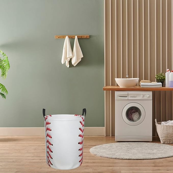 Dujiea Baseball Laundry Basket Round with Handle, Collapsible Foldable Canvas Storage Bin Dirty Clothes Bag for Laundry/Toys Organizer/College Dorm/Nursery/Decor(2 Sizes)