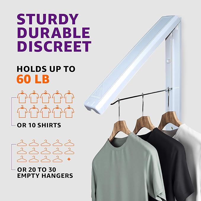 InstaHanger Clothes Drying Rack - Wall Mounted Laundry Drying Rack for Small Spaces - Wall-Mounted Clothes Racks Holds Up to 60 lbs - Space Saving Collapsible Laundry Hanger for Storage