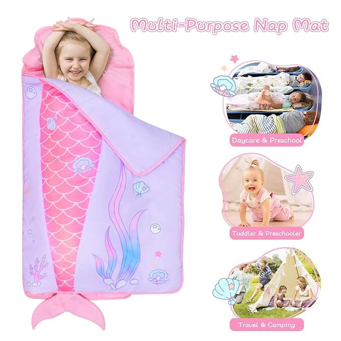Mermaid Nap Mats for Preschool with Removable Pillow and Blanket Kids Sleeping Bag with Pillow Reinforced Stitching Machine-Washable, Soft Nap Mats for Daycare, Travel, Camping 53"x21"