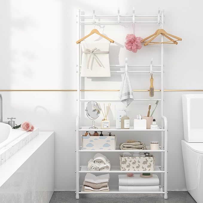 UDEAR Entryway Coat Rack,Hall Tree Storage Shelf,Easy Assembly,with 4-Tier Shelf for Storage Shoes,Clothes,White