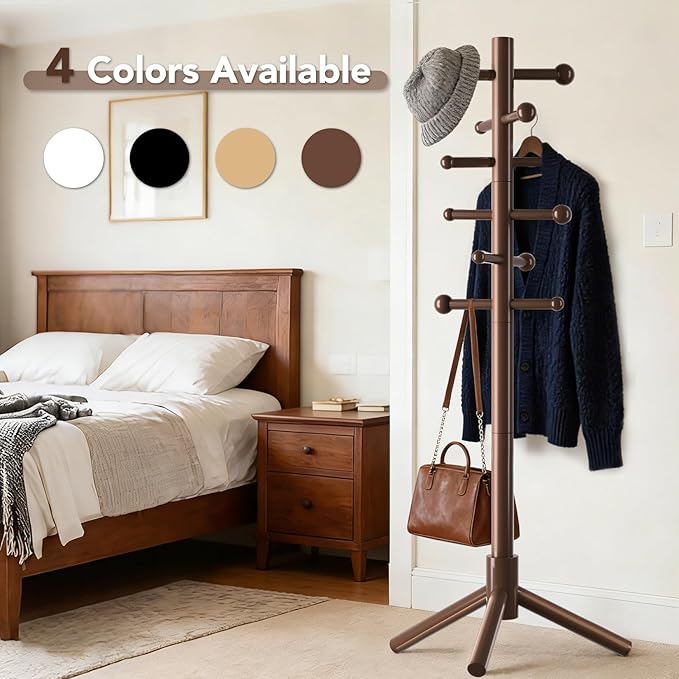 Wooden Coat Rack Freestanding with 12 Hooks 3 Adjustable Heights，Standing Coat Rack Tree for Hat and Coat Rack for Small Spaces Entryway,Office,Bedroom,Brown