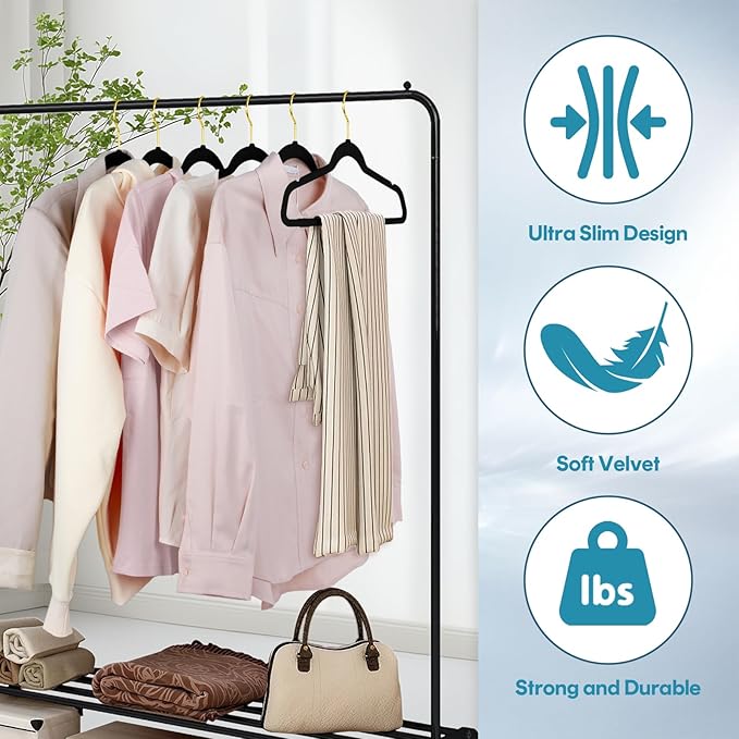 UNEED Black Velvet Hangers with Golden Hooks, 36 Pack - Ultra Thin Space Saving, Non-Slip Clothes Hangers for All Clothing, Dorm & Closet Organization (Heavy Duty, Anti-Scratch)