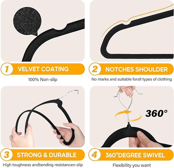 HealSmart Velvet Hangers 50 Pack, 360° Swivel Hooks, Non-Slip Clothes Hangers with Shoulder Notches, for Closet Space Saving, Black