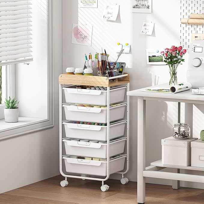 APEXCHASER Plastic Drawer Organizers with 5 Deep Drawers, Rolling Utility Cart with Wooden Top,Craft Storage Cart for Paperwork,Crafts,Snack,Kids’ Room,Nursery,White