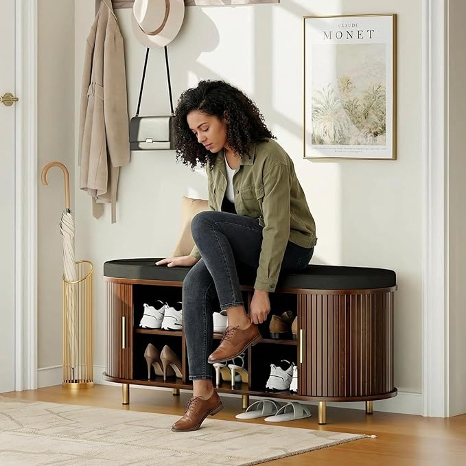 Entryway Bench with Storage: 43.31" Wooden Bedroom Shoe Bench with Thickened Padded Seat Cushion, Mid Century Modern Fluted Sliding Door and Adjustable Shelf, for Entryway, Living Room