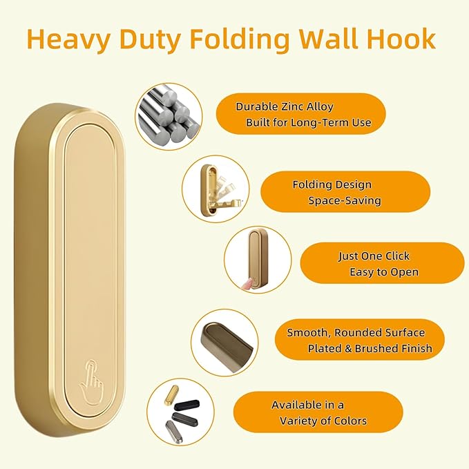 Foldable Wall Hooks Heavy Duty Zinc Alloy Folding Coat Hook Wall Mounted, Space-Saving Flip Down Hook for Bathroom Entryway Closet, Gold Walls Hooks for Hanging Coat Towels Hat Bag Keys Plants（4PCS）