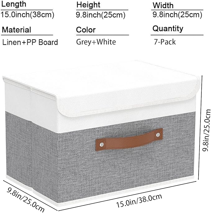Yawinhe Storage Boxes with Lids, Linen Fabric Bin, Cube Organizer Basket, Washable and Leather Handle, for Home, Closet, White/Grey, 15.0''Lx9.8''Wx9.8''H, 7-Pack, USNK024WGL-7