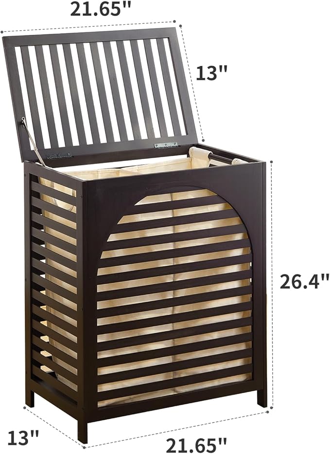 Laundry Hamper with Lid, Bamboo Clothes Laundry Basket with Handles, Removable 2-Section Liner bag, Hampers for Bedroom Aesthetic, Large Storage for Bath Towel, Sheets or Toys, Home (Brown)