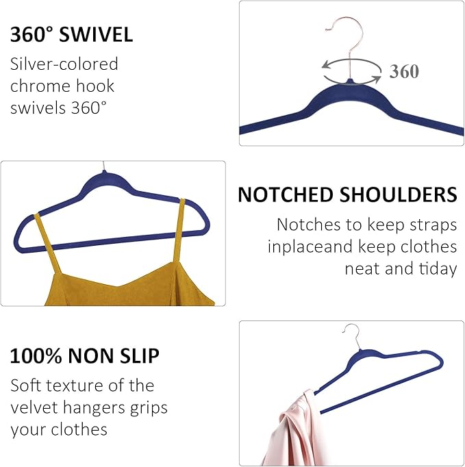 VECELO Premium Velvet Clothes Hangers Suit Heavy Duty (60 Pack)-Non Slip & Space-Saving with 8 Finger Clips & Tie Rack Excellent for Men and Women,Dark Blue