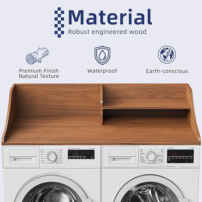2 Tiers Washer Dryer Countertop, 54" Width x 27.5" Depth Laundry Countertop Organization, Wooden Washer and Dryer Topper for Folding, Sorting & Ironing, Easy to Install, Walnut