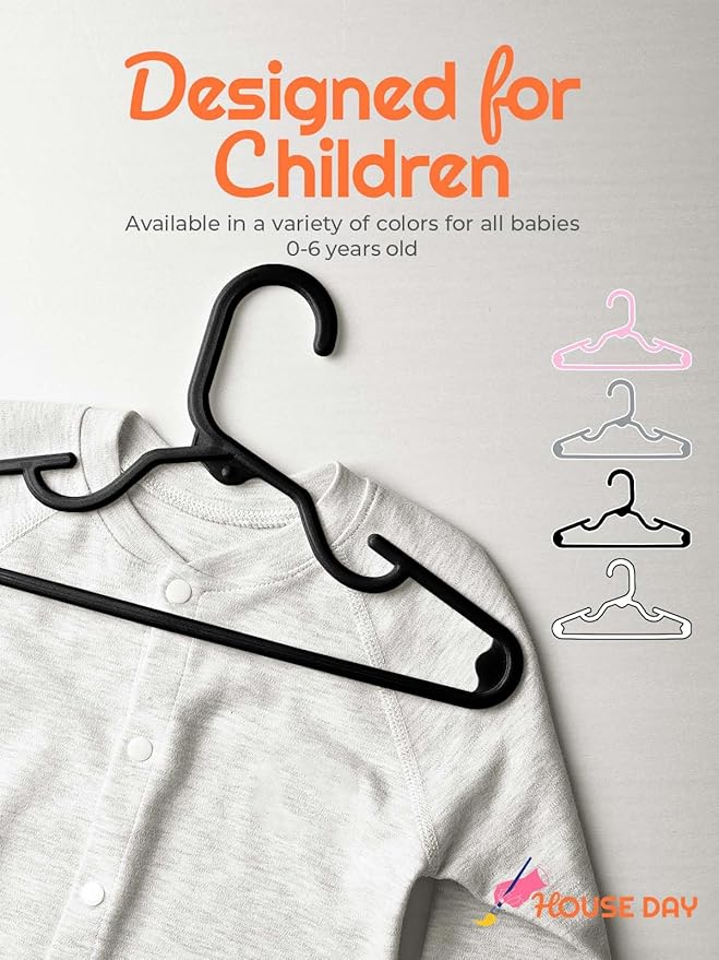 HOUSE DAY Premium Baby Hangers 120 Pack, 11 Inch Kids Plastic Hangers Black, Slim Childrens Hanger for Infant, Toddler, Child Clothes, Non-Slip Sturdy and Durable Baby Clothes Hanger for Closet