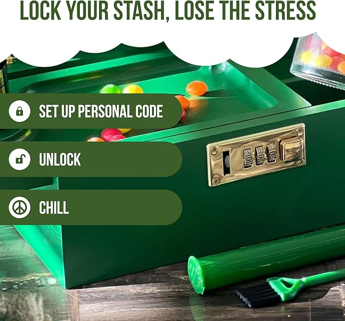 The OG Stash Storage Box - Large Bamboo Box with Combination Lock, Magnetic Lid, Organizer Tray, 3 Jars and Brush - Portable Decorative Wooden Lock Kit with Accessories (Green/Gold)