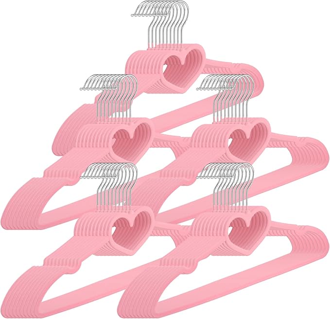 Qunclay 50 Pcs Pink Velvet Heart Hangers, Non-slip Felt Clothes, Heavy Duty Sturdy Heart Clothes Coat Hanger, Cute Kawaii Room Decor for Adult Women, Space Saving with No Hanger Mark, 360° Swivel Hook
