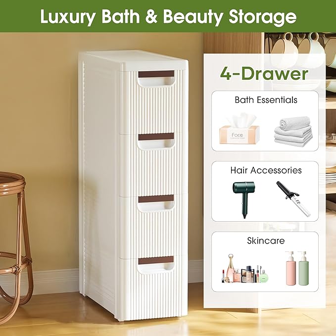 4 Drawers Narrow Storage Cabinet, Slim Bathroom Storage Cabinet, Plastic Rolling Cart Organizer for Small Spaces, Laundry, Office, Home,White