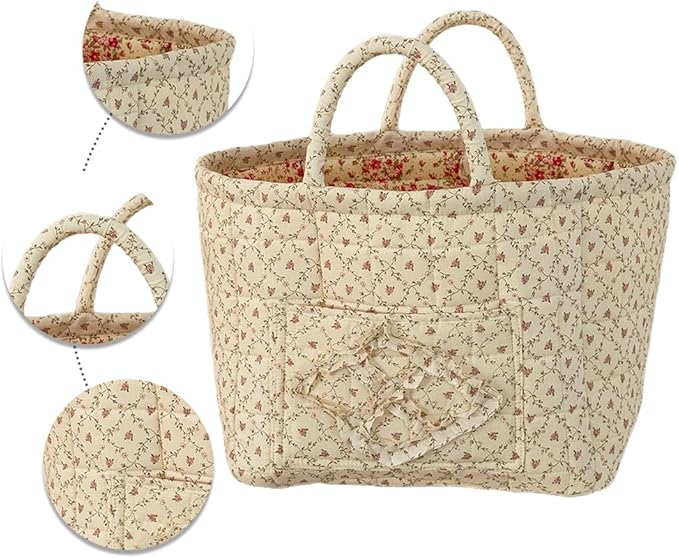 Quilted Fabric Storage Basket Boho Floral Laundry Baskets with Handles Collapsible Quilted Soft Basket for Car, Clothes, Toys Storage