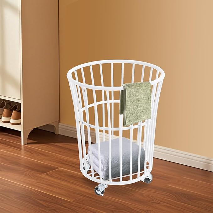 Metal Laundry Basket, Rolling Laundry Hamper with Wheels, Round Mesh Iron Basket Storage Clothes Organizer with Locking Casters for Laundry Room Bathroom Bedroom Closet Dorm (White)