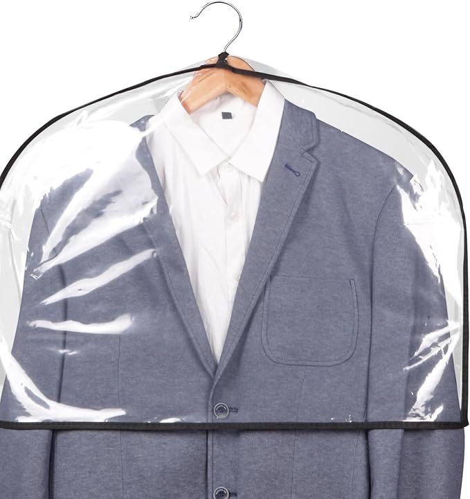 KEEGH 18"H Shoulder Covers for Clothes (Set of 12) Breathable Garment Covers Closet Dust Covers Protectors Hanger Covers for Clothes, 2" Gusset Hold More Suit, Coats, Jackets, Dress, Clear/Black