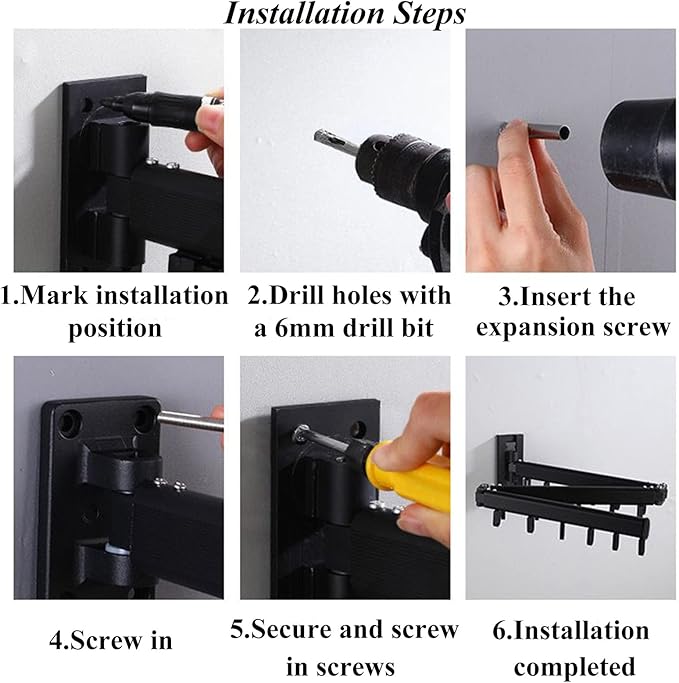Wall Mount Clothes Drying Rack With Hooks, Retractable Stainless Steel Coat Hanger Rack, Collapsible Clothing Rack, Folding Clothes Hanging Rack for Laundry Balcony Mudroom Bedroom(Black)