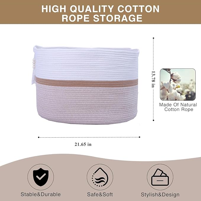 Cotton Rope Storage Bin,Natural Handmade Woven Hamper for Living Room,Blanket Basket for Clothes, Pillows, Towels (brown, 100L)