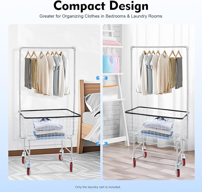 Steel Wire Laundry Cart, 110lbs Heavy Duty Commercial Laundry Basket Cart Laundry Hamper Organizer Laundry Basket with Hanging Rack & Removable for Homes Hotels & Bathrooms (27 x 22 x 67 inch)