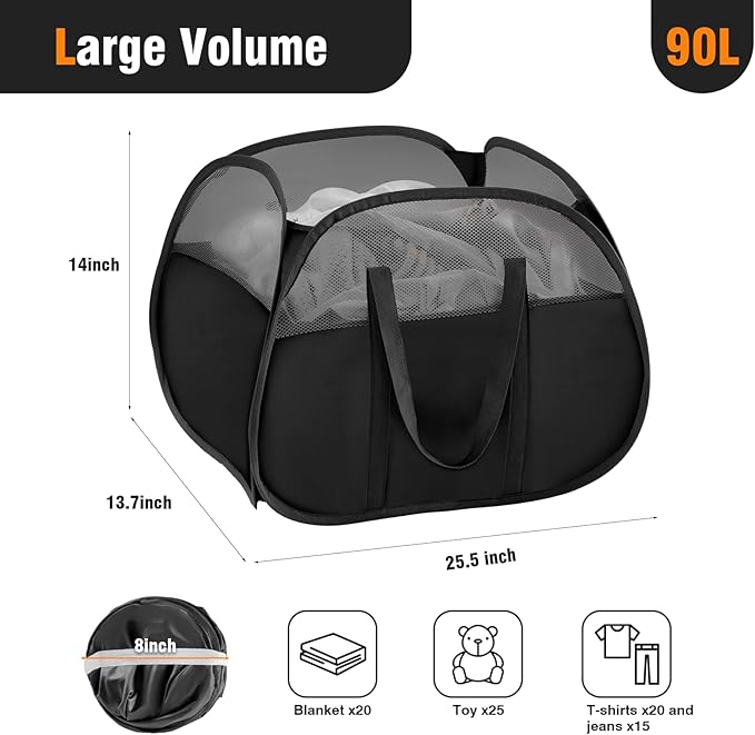 TECHMILLY Pop Up Foldable Laundry Basket, 90L Large Capacity Square & Tear Proof Laundry Hamper with Reinforced Handles for Dirty Clothes Storage in Dorm, Laundry Room, Bathroom, Black(Fabric), 2 Pack